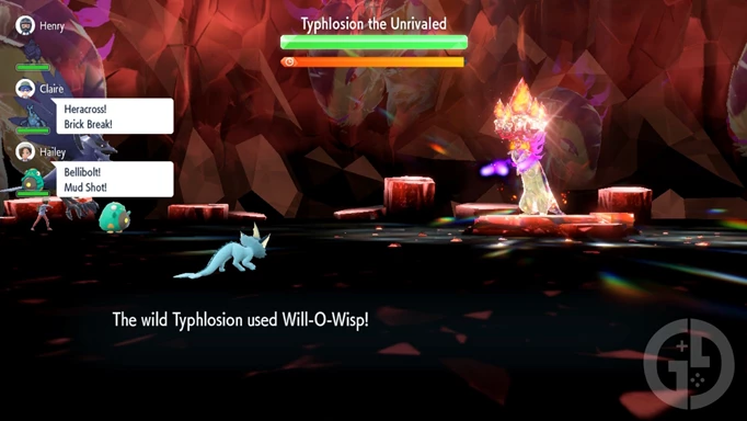 Hisuian Typhlosion using Will-O-Wisp in its 7-Star Tera Raid moveset in Pokemon Scarlet & Violet