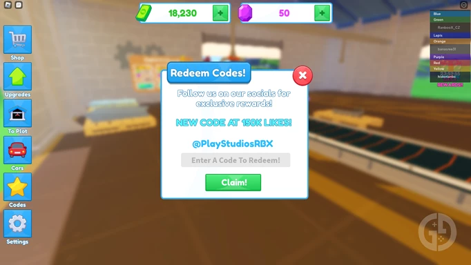 an image of the Car Factory Tycoon code screen