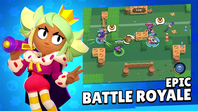 Key art of Mandy in Brawl Stars, with a screenshot of in-game action next to her and text that says 'Epic Battle Royale'