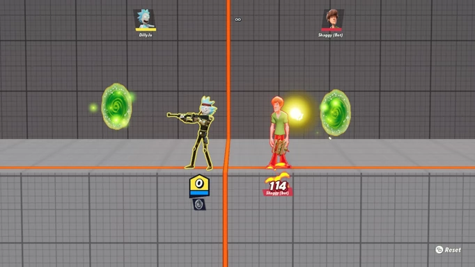Rick shoots a projectile through a portal in MultiVersus