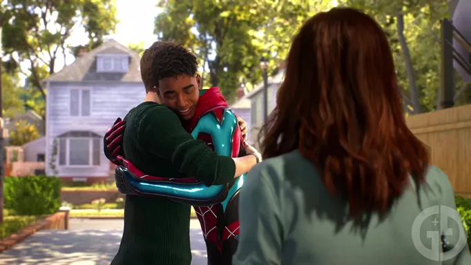 Peter hugging Miles as he retires from being Spider-Man