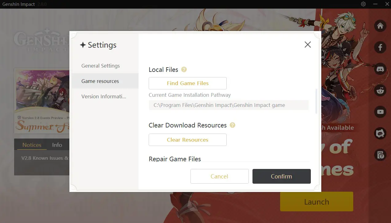 screenshot showing the clear cache option on pc in genshin impact's launcher