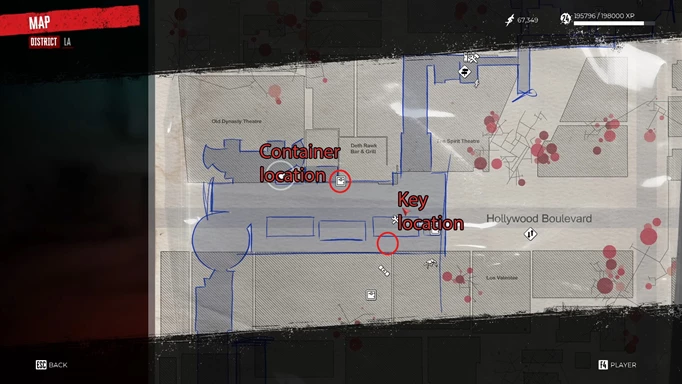 изображение карты, показывающей местоположение ключа сейфа в кассе Dead Island 2