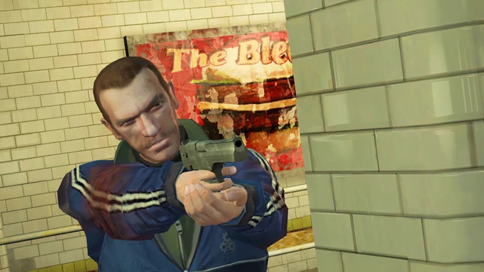 Niko Bellic points a gun in GTA 4.