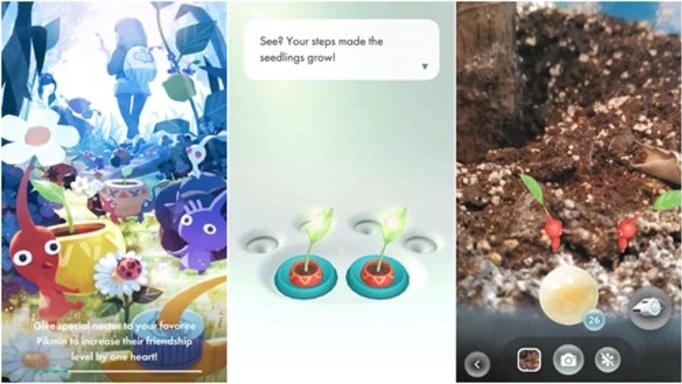 Three gameplay screenshots of Pikmin Bloom