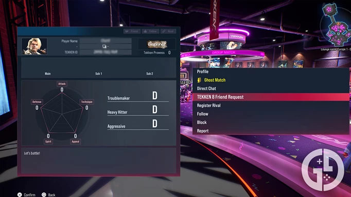 The player menu in the Tekken Fight Lounge where you can send a friend request