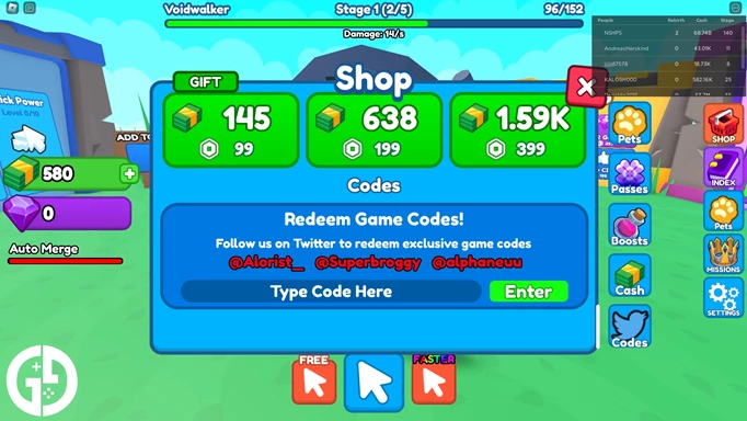 The interface for redeeming Tower Merge Simulator codes.