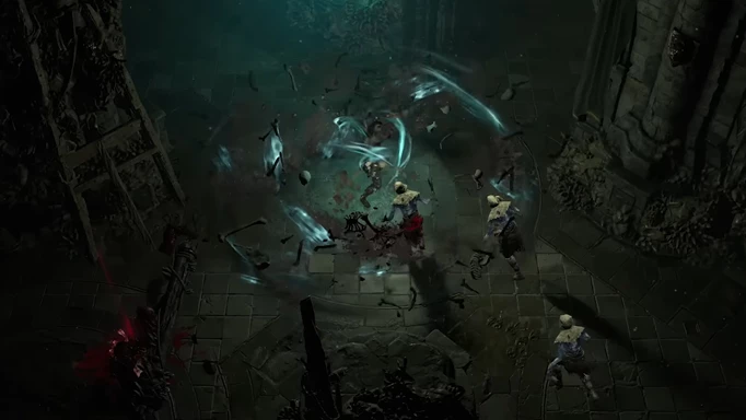 Некромант сражается со скелетами в подземелье в Diablo 4.
