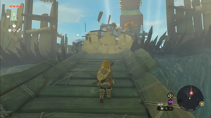 Entering the camp around the Hyrule Field Skyview Tower and facing a large spiked ball
