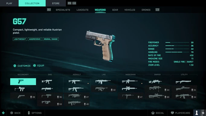 A pistol is shown on a weapons menu.