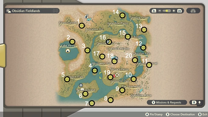 Pokemon Legends Arceus Wisp Locations: map of Obsidian Fieldlands