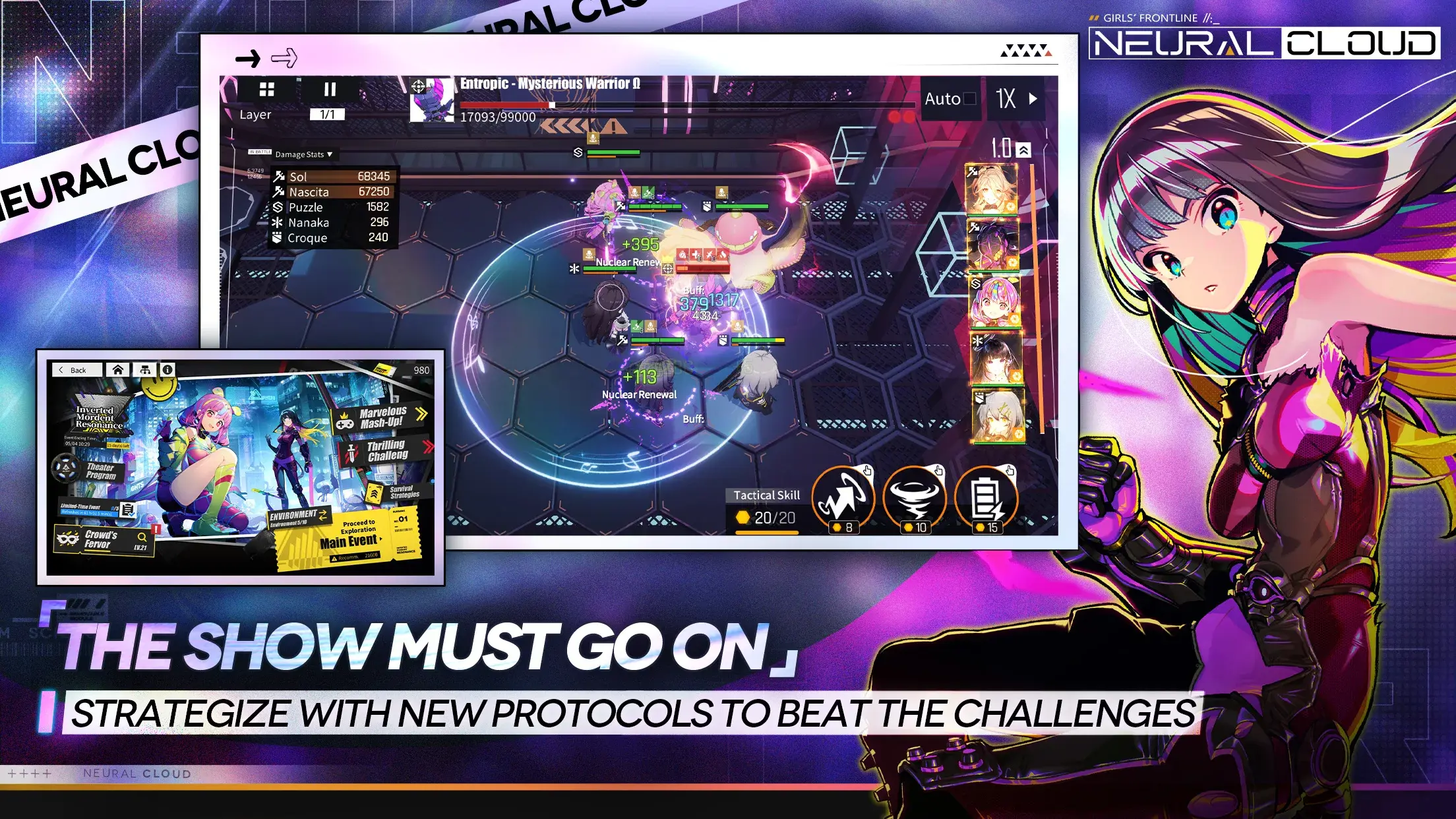 Key art from Neural Cloud with a character overlooking a battle scene. It is captioned "The show must go on".