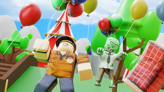 A Balloon Simulator character beside a zombie