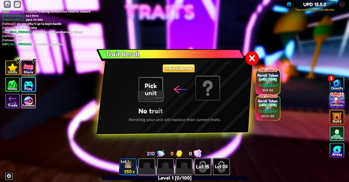 The Re-Roll Menu, Where You Can Try And Get The Golden Trait In Anime Adventures For Roblox