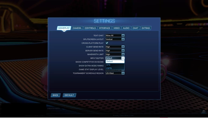 a screenshot of the Rocket League gameplay menu showing the Input Buffer settings