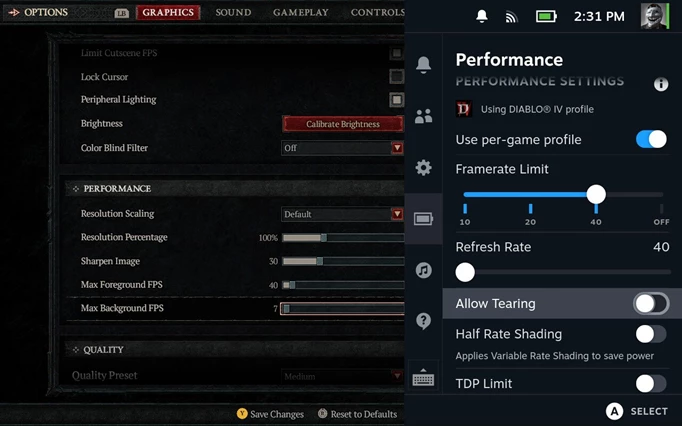 Steam Deck console settings for Diablo 4