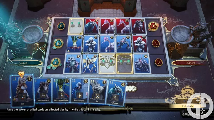 Image of a Queen's Blood board filled with cards in Final Fantasy 7 Rebirth