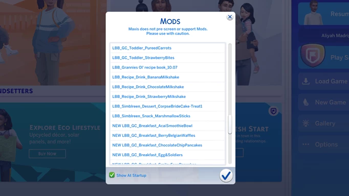 Screenshot showing the mods menu in the options of The Sims 4