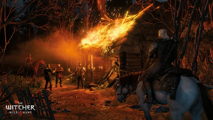 Geralt of Rivia rides towards a burning hut in The Witcher 3, one of the best games like Red Dead Redemption 2