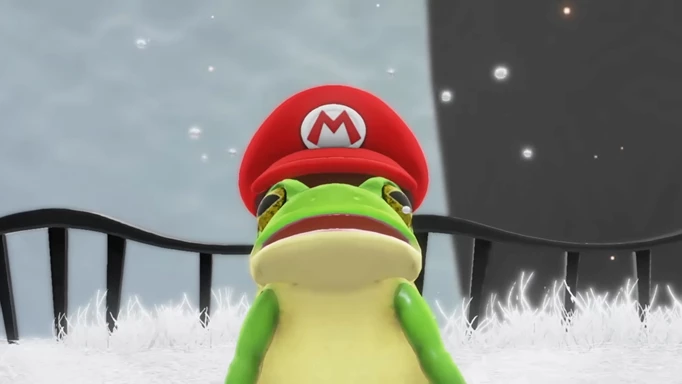 Mario after capturing a frog in Super Mario Odyssey.