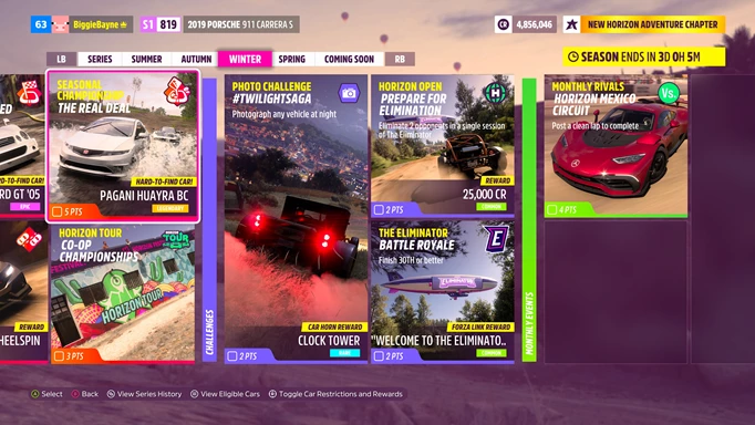 Forza Horizon 5 Reasonably priced car challenge in the menu.