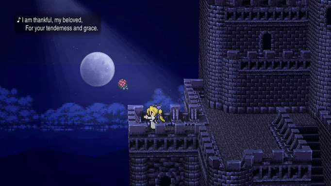 Screenshot of the opera singer Maria throwing a rose in Final Fantasy VI