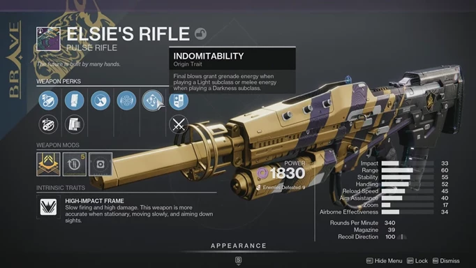 Elsie's Rifle in Destiny 2 with Indomitability perk