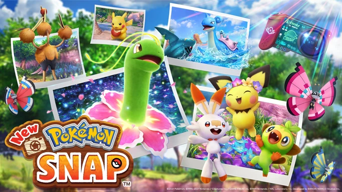 Key Art of New Pokemon Snap featuring Meganium, Pichu, Scorbunny, Grookey and more on the cover