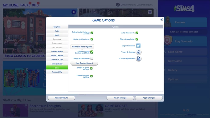 custom content game options in The Sims 4