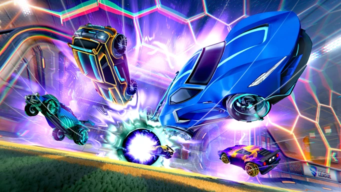 Several Rocket League cars being thrown back after a goal is scored