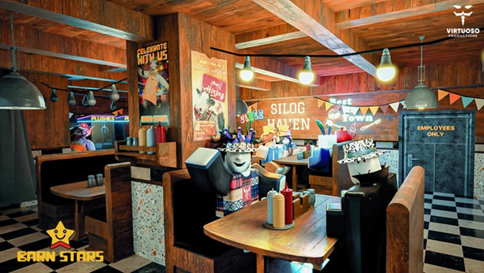 Characters sitting in a restaurant in The Barnstars