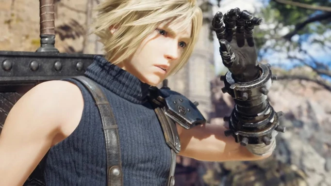 Cloud from Final Fantasy 7 Remake, shielding his eyes from the light of the sun.