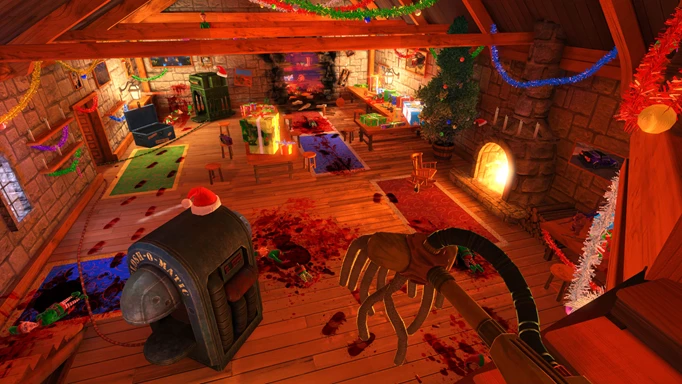 A player attempts to tidy up a dishevelled workshop in Viscera Cleanup Detail: Santa's Rampage.