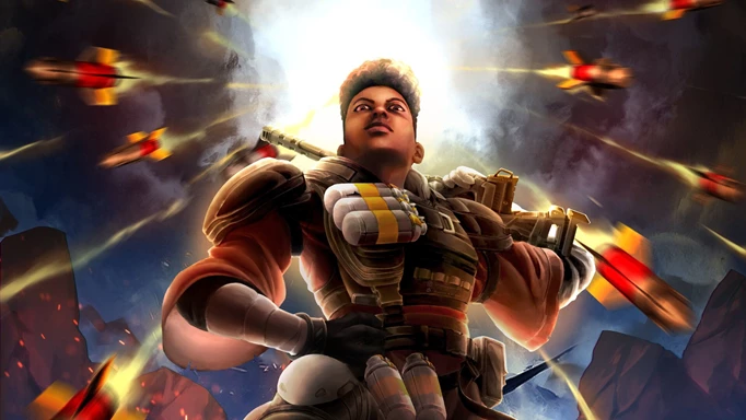 Apex Legends Mobile Controller Support: A Legends stands amid several rockets falling from the sky