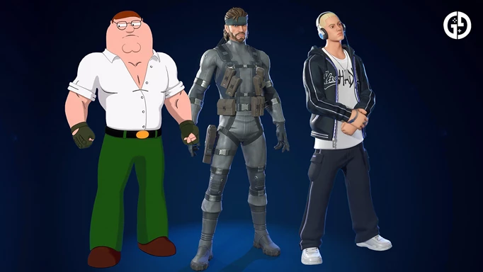 Screenshot of three Fortnite collab skins, with Eminem, Solid Snake, and Peter Griffin