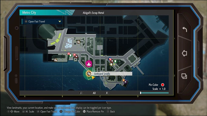 A map from Street Fighter 6 showing the location of the Scrap Heap minigame in Metro City