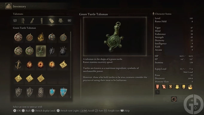 The Green Turtle Talisman in Elden Ring, which is great for a Wretch build