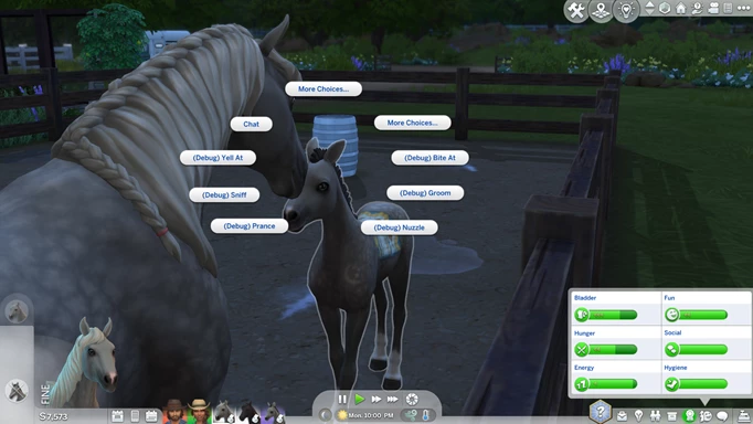 Screenshot of the interactions Sims 4 horses can have with the Playable Pets mod
