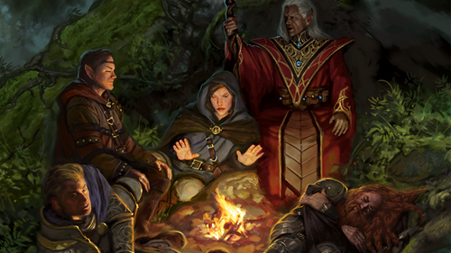 a D&D party crowd around the campfire in official art.