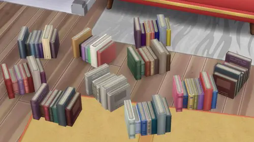 screenshot showing all the current and new swatches for the Vintage Books item in the sims 4
