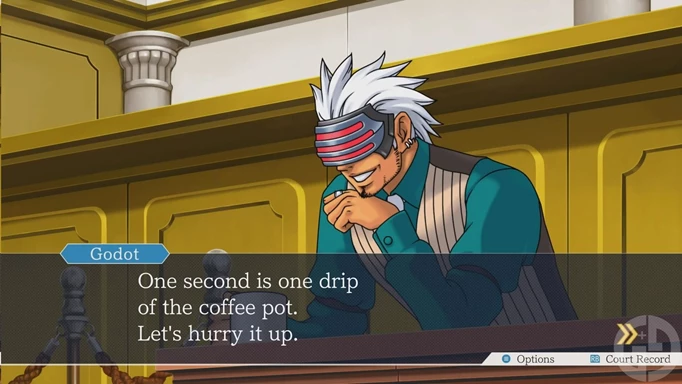 Godot and his magnificant coffee quips in Phoenix Wright Ace Attorney: Trials and Tribulations
