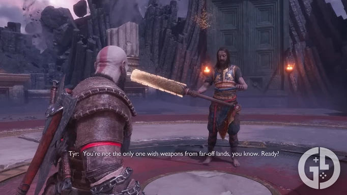 Tyr showing Kratos one of his weapons