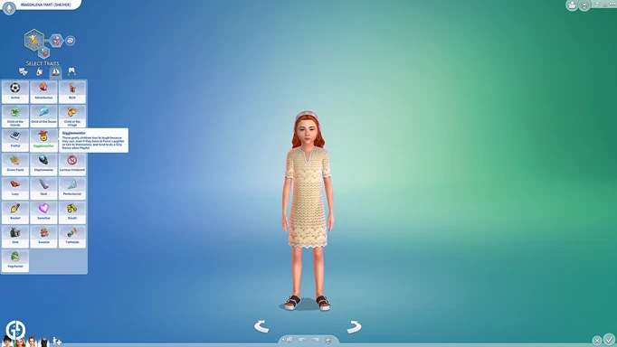 Image of a child Sim in CAS and a list of traits