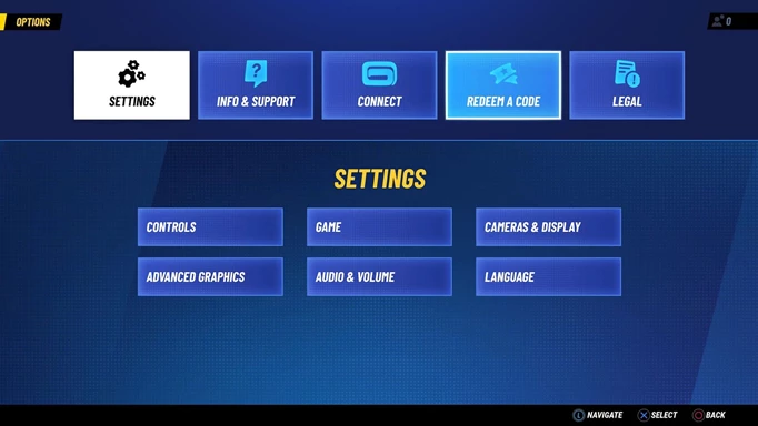 Screenshot showing the redeem a code option in Disney Speedstorm