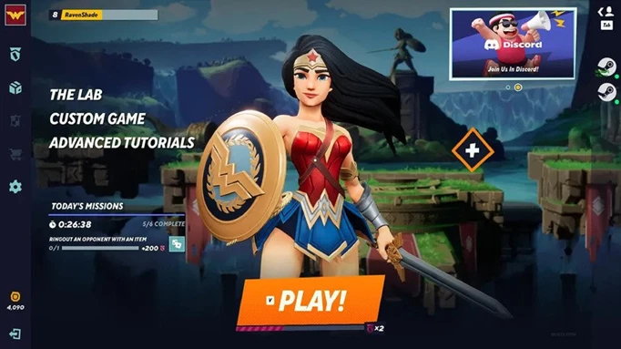 The home screen for MultiVersus, featuring Wonder Woman.
