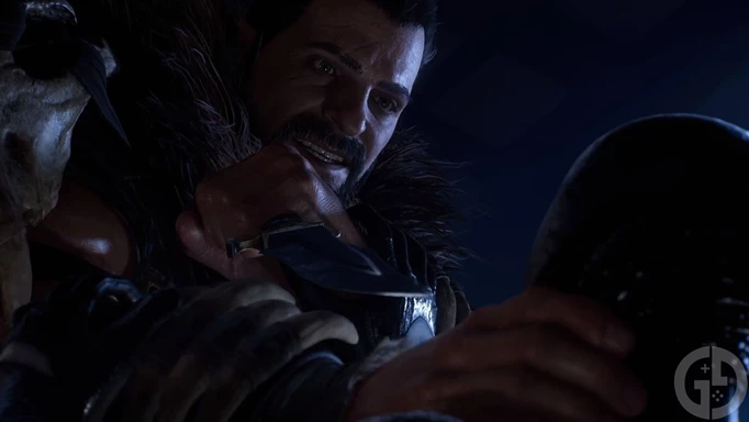 Kraven the Hunter, the main villain of Spider-Man 2 holding a knife to someone's throat