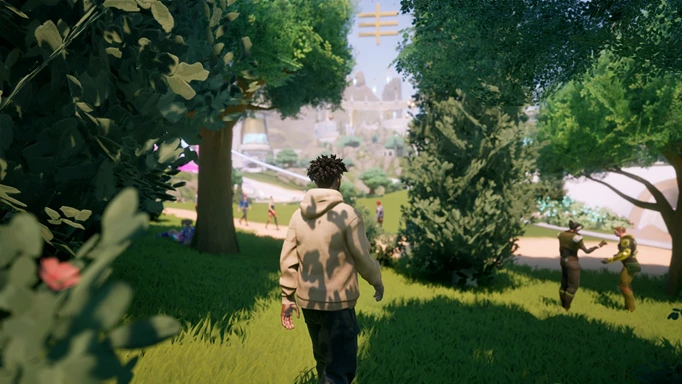 A character walking through a park in Everywhere.