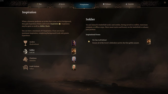 an image of the Baldur's Gate 3 Inspiration menu, showing an Inspiration event in the log
