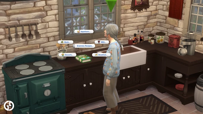 Image of the Grannies Cookbook mod shown in a pie menu in The Sims 4