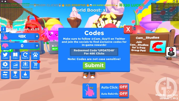 Code redemption screen in Candy Clicking Simulator for Roblox